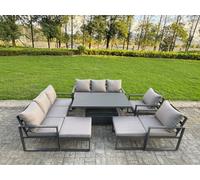 Fimous Garden Aluminium Furniture Set Dark Grey 10 Seater Outdoor Patio Adjustable Rising Lifting Dining Table with 2 Big Footstools Dark Grey