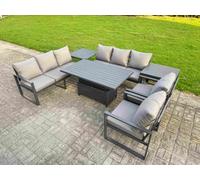 Fimous 8 Seater Aluminium Garden Furniture Set with Adjustable Rising Dining Table, 2 Chairs, 2 Side Tables - Dark Grey