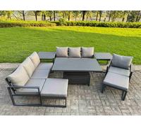 Fimous Garden Aluminium Furniture Set 9 Seater Adjustable Rising Lifting Dining Table With 2 Big Footstools 2 Side Table Dark Grey