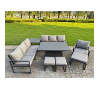 Fimous Garden Aluminium Furniture Set Dark Grey 10 Seater Outdoor Patio Adjustable Rising Lifting Dining Table with 3 Footstools Side Table Dark Grey
