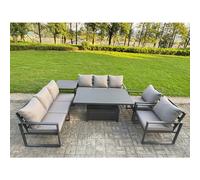 Fimous Garden Aluminium Furniture Set 8 Seater Adjustable Rising Lifting Dining Table With 2 Chairs Side Table Dark Grey