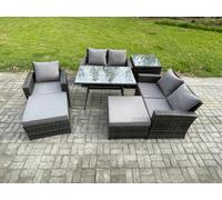 Fimous Garden Dining Set Wicker PE Rattan Outdoor Furniture Sofa with Rectangular Dining Table Double Seat Sofa Side Table 2 Big Footstool Dark Grey Mixed Dark Grey