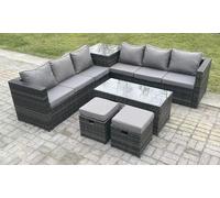 Fimous 8 Seater Rattan Corner Sofa Set With Square Side Table & Oblong Rectangular Coffee Tea Table 2 Stools in Dark Grey Fimous Dark Grey