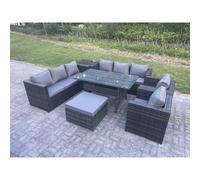 Fimous 9 Seater Dark Grey Mixed Rattan Outdoor Lounge Set - Rectangular Dining Table, 2 Armchairs & Footstool