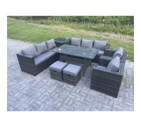 Fimous Garden Furniture Rattan Lounge Sofa Set Patio Rectangular Dining Table With 2 Armchair Side Table 2 Footstool 10 Seater