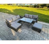 Fimous Garden Furniture Sofa Set Rectangular Dining Table 2 Big Footstool Indoor Outdoor 8 Seater Rattan Set