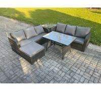 Fimous Garden Furniture Sofa Set Rectangular Dining Table Big Footstool Side Table Indoor Outdoor 7 Seater Rattan Set