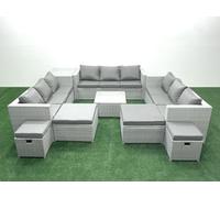 Fimous Garden Outdoor Furniture Set 14 Seater Rattan Sofa Set Side Table 4 Stools Light Grey