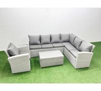 Fimous Garden Outdoor Pe Rattan Furniture Set 7 Seater Rattan Garden Sofa Set With Big Footstool Light Grey Mixed