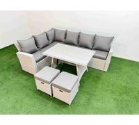 Fimous Garden Outdoor Rattan Furniture Set Rattan Corner Sofa Oblong Dining Table Set With 2 Small Footstools 8 Seater