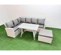 Fimous Garden Outdoor Rattan Furniture Set Rattan Corner Sofa Oblong Dining Table Set with Big Footstool Light Grey Mixed 7 Seater