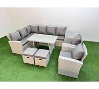 Fimous Garden Outdoor Rattan Furniture Set Rattan Corner Sofa Oblong Dining Table with 2 Armchairs 2 Small Footstools Light Grey Mixed 10 Seater