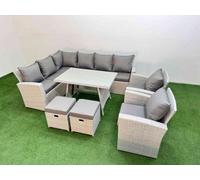Fimous Garden Outdoor Rattan Furniture Set Rattan Corner Sofa Oblong Dining Table With 2 Armchairs 2 Small Footstools 10 Seater