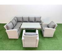 Fimous Garden Outdoor Rattan Furniture Set Rattan Corner Sofa Oblong Dining Table With 2 Armchairs Light Grey Mixed 8 Seater