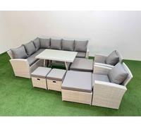 Fimous Garden Outdoor Rattan Furniture Set Rattan Corner Sofa Oblong Dining Table with 2 Armchairs 4 Footstools Light Grey Mixed 12 Seater
