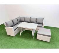 Fimous Garden Outdoor Rattan Furniture Set Rattan Corner Sofa Oblong Dining Table Set with Big Footstool Light Grey Mixed 7 Seater