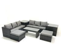 Fimous Garden Outdoor Rattan Furniture Set with Sofa Coffee table 2 Big Footstools 2 Side Tables Dark Grey Mixed