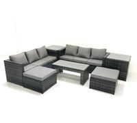 Fimous Garden Outdoor Rattan Furniture Set with Sofa Coffee table 2 Big Footstools 2 Side Tables Dark Grey Mixed