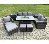 Fimous Garden Patio Furniture Wicker Rattan Gas Fire Pit Table and Sofa Chair set with 2 Side Tables 3 Footstool