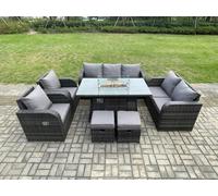 Fimous Garden Patio Furniture Wicker Rattan Gas Fire Pit Table and Sofa Chair set with 2 Small Footstools Dark Grey Mixed