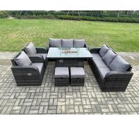 Fimous Garden Patio Furniture Wicker Rattan Gas Fire Pit Table and Sofa Chair set with 2 Small Footstools