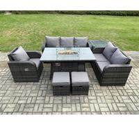 Fimous Garden Patio Furniture Wicker Rattan Gas Fire Pit Table and Sofa Chair set with Side Table 2 Small Footstools
