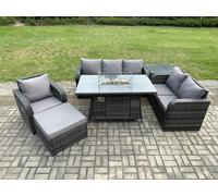 Garden Patio Furniture Wicker Rattan Gas Fire Pit Table and Sofa Chair set with Side Table Big Footstool Fimous Dark Grey One Size