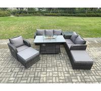 Fimous Garden Patio Furniture Wicker Rattan Gas Fire Pit Table and Sofa Chair set with Side Tables 2 Big Footstool