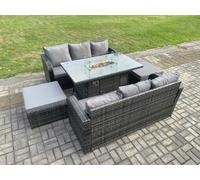 Fimous Garden Patio Furniture Wicker Rattan Gas Fire Pit Table and Sofa set with 2 Big Footstool