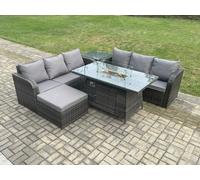 Fimous Garden Patio Furniture Wicker Rattan Gas Fire Pit Table and Sofa set with Side Table Big Footstool