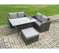 Fimous Garden Patio Furniture Wicker Rattan Oblong Rectangular Dining Table and Loveseat Sofa set with Big Footstool