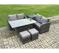 Fimous Garden Patio Furniture Wicker Rattan Oblong Rectangular Dining Table and Loveseat Sofa set with Side Table 2 Small Footstools Dark Grey Mixed