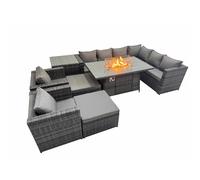 Fimous Garden Rattan Furniture Set 10 Seater Outdoor Corner Sofa 2 Chair Gas Fire Pit Dining Table Set with 2 Big Stools Side Table Dark Grey