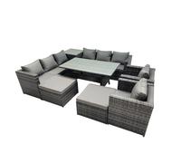 Fimous Outdoor Corner Sofa Chair Dining Table Set Garden Rattan Furniture Set 10 Seater with Side Table 2 Big Stools Dark Grey