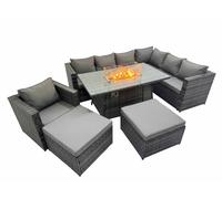 Fimous Garden Rattan Furniture Set 9 Seater Outdoor Corner Sofa Chair Gas Fire Pit Dining Table Set with 2 Big Stools Dark Grey