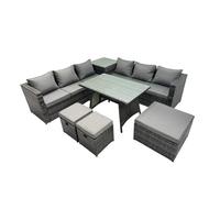 Fimous Garden Rattan Furniture Set 9 Seater with Side Table 3 Stool Dark Grey Fimous Dark Grey
