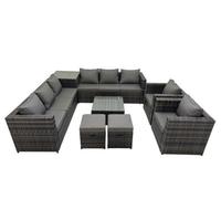 Fimous Garden Rattan Outdoor Furniture Set 10 Seater Patio Corner Sofa Coffee Table With 2 Small Stool Side Table Dark Grey