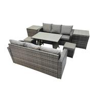 Fimous Garden Rattan Outdoor Furniture Set 8 Seater with 3 Seater Sofa 2 Side Table 2 Small Stools Dark Grey