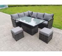 Fimous High Back Corner Rattan Garden Furniture Sofa Dining Rising Table Height Adjustable 8 Seater 2 Small Foot Stools