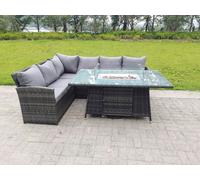 Fimous High Back Corner Rattan Garden Furniture Sofa Gas Fire Pit Dining Table Gas Heater Sets 6 Seater