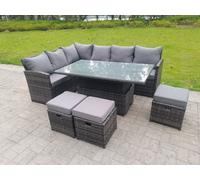 Fimous High Back Corner Rattan Garden Furniture Sofa Rising Dining Table Height Adjustable 9 Seater 3 Small Foot Stools