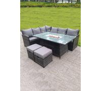 Fimous High Back Corner Rattan Garden Furniture Sofa Gas Fire Pit Gas Heater Dining Table Sets 8 Seater 2 Small Footstools