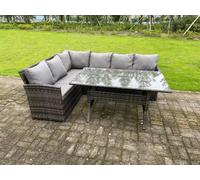 Fimous High Back Dark Mixed Grey Rattan Corner Sofa Set Outdoor Furniture Rectangular Dining Table 6 Seater