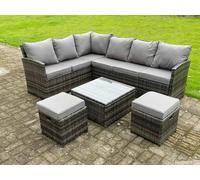 Fimous High Back Dark Mixed Grey Rattan Corner Sofa Set Outdoor Furniture Square Coffee Table 2 Small Footstools 8 Seater