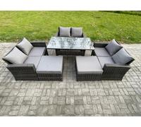 Fimous High Back Outdoor Garden Furniture Rattan Sofa Dining Table Set with 2 Big Footstool Dark Grey Mixed