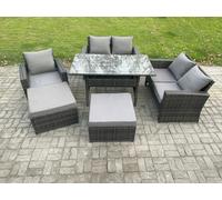 Fimous High Back Outdoor Garden Furniture Rattan Sofa Dining Table Set with Armchair 2 Big Footstool Dark Grey Mixed