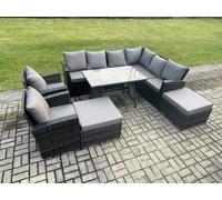High Back Outdoor Garden Furniture Set Rattan Corner Sofa Dining Table Set With 2 Big Footstool 10 Seater Fimous Dark Grey One Size