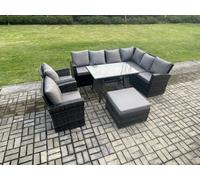 Fimous High Back Outdoor Garden Furniture Set Rattan Corner Sofa Dining Table Set With 2 Armchairs Big Footstool 9 Seater Dark Grey Mixed