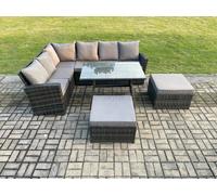 Fimous High Back Outdoor Garden Furniture Set Rattan Corner Sofa Dining Table Set With 2 Big Footstools 8 Seater in Dark Grey Fimous Dark Grey