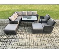 Fimous High Back Outdoor Garden Furniture Set Rattan Corner Sofa Dining Table Set With 2 Big Footstool 2 Armchairs Dark Grey Mixed